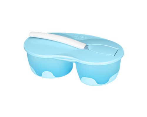 Wee Baby Double Bowl Set + Silicone Spoon - Blue 